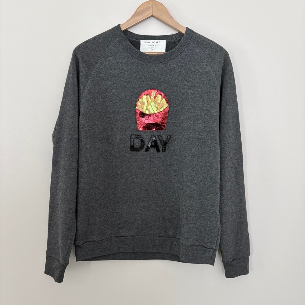 Bow & Drape X Spanx Sweatshirt Fry Day Large Gray Sequin Graphic Pullover - Picture 6 of 6